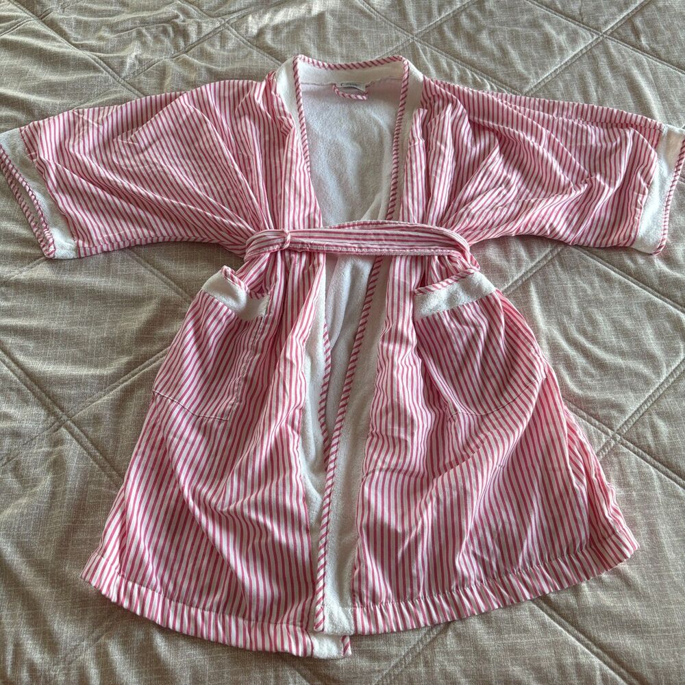 Cypress: Vintage Pink & White Striped Terry Cloth Bath Robe Cover-Up With Belt